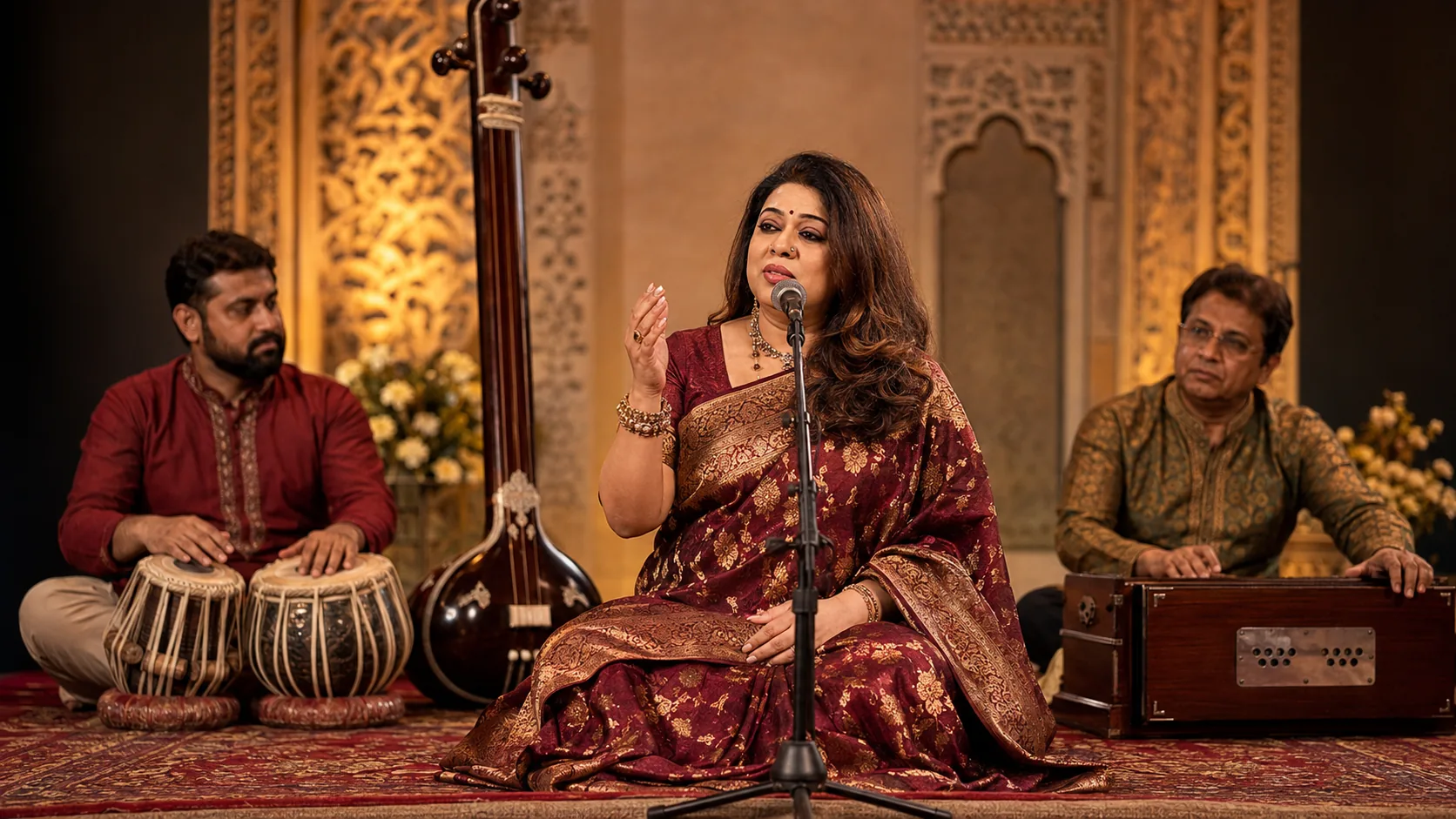 Barnali Chattopadhyay in performance before a carved arch